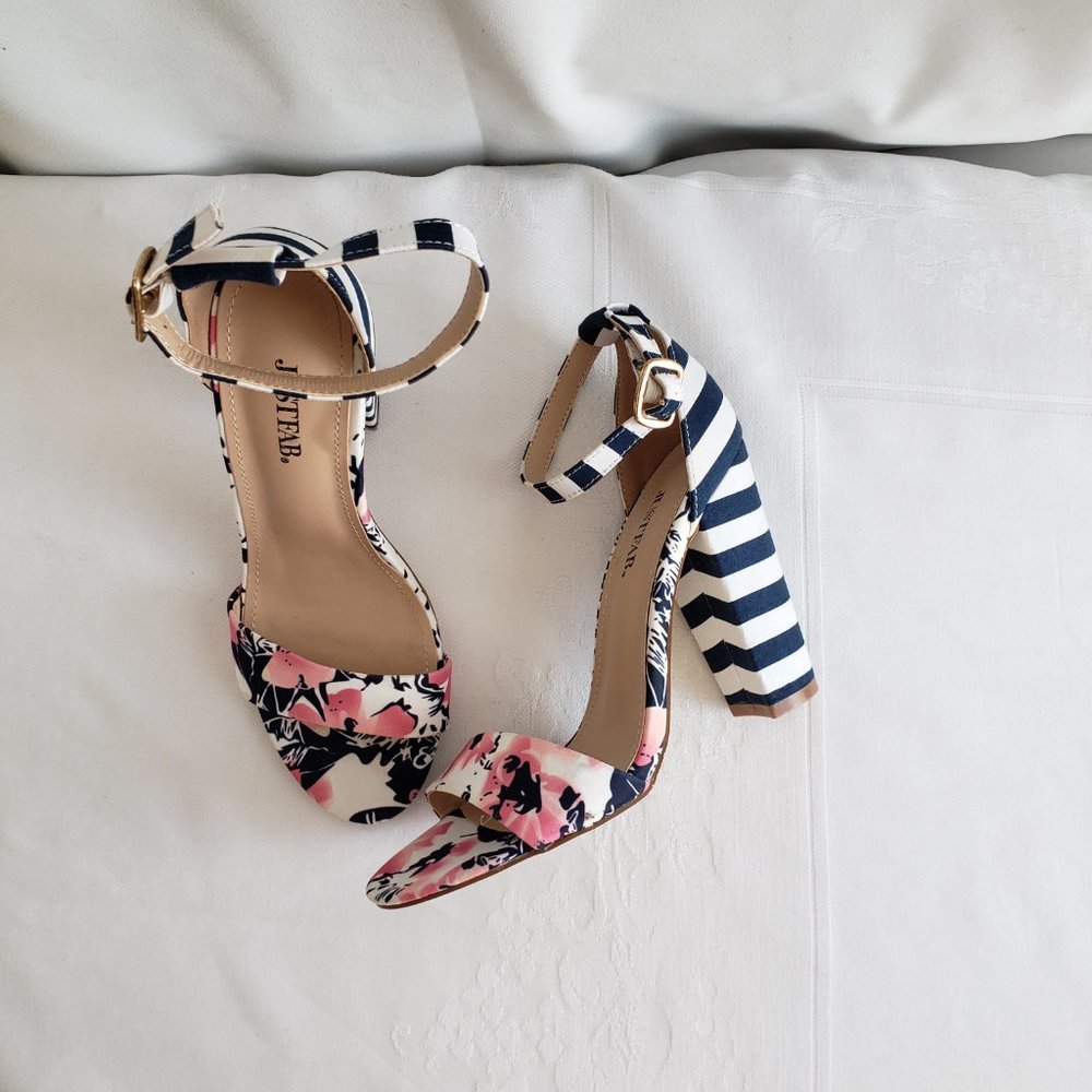 Size 7 JustFab Lena 4" Block heal sandal. Stripes and Floral.  Ankle strap. - Picture 3 of 12